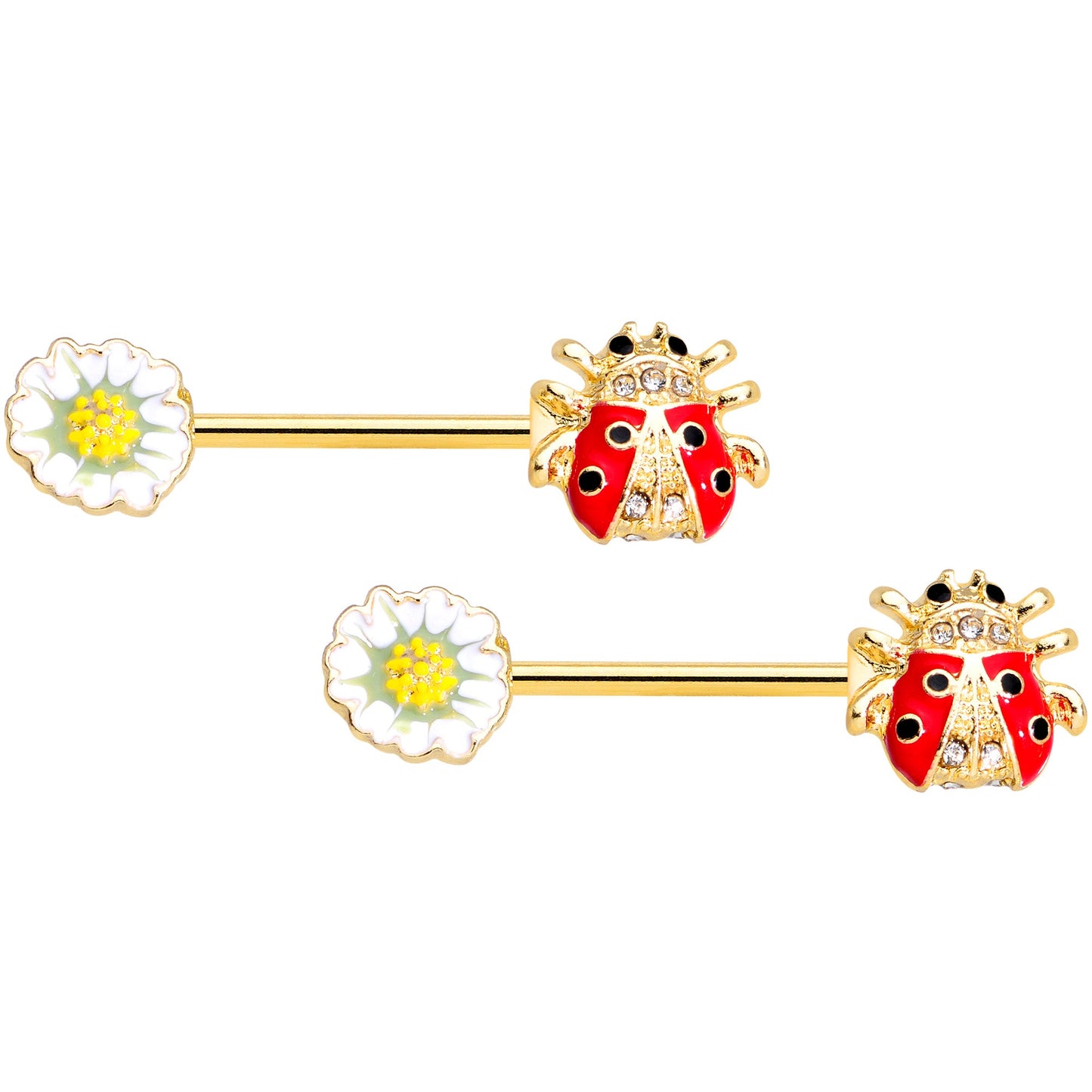 14G 9/16 Clear Black Gem Gold Hue Ladybug Barbell Nipple Ring Set