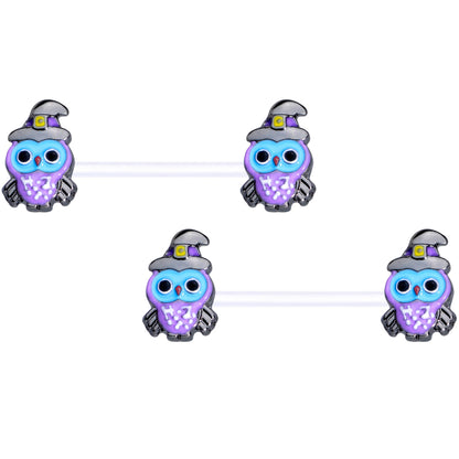 14G 9/16 Clear Bioplast Witch Owl Halloween Nipple Ring Set