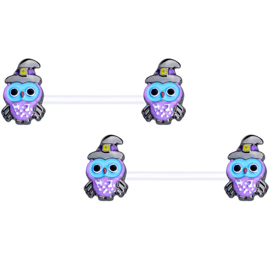 14G 9/16 Clear Bioplast Witch Owl Halloween Nipple Ring Set