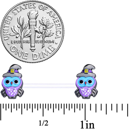 14G 9/16 Clear Bioplast Witch Owl Halloween Nipple Ring Set
