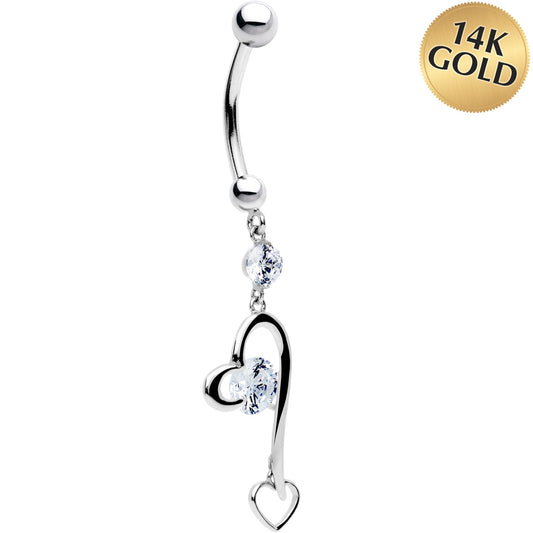16G Solid 14K White Gold Cubic Zirconia HEART FANTASY Dangle Belly Ring