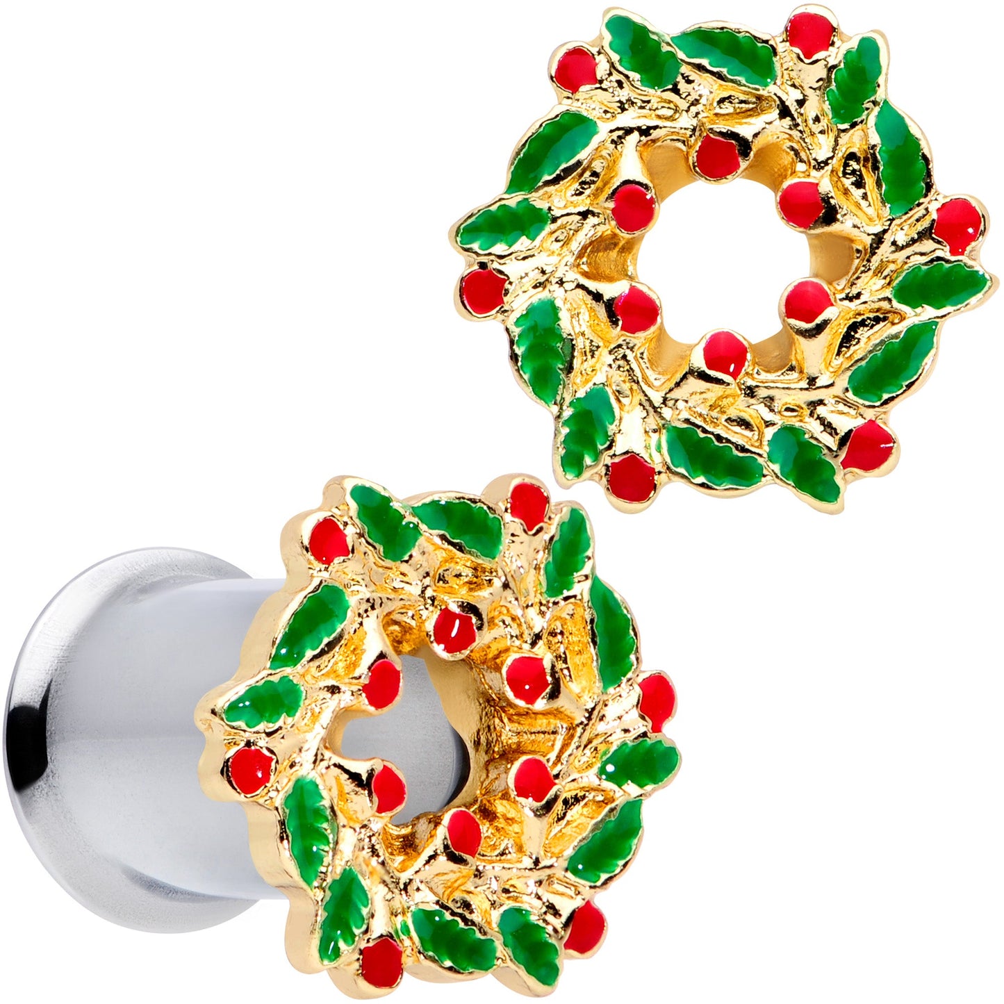 Happy Holiday Wreath Christmas Double Flare Plug Set 4G to 1 Inch