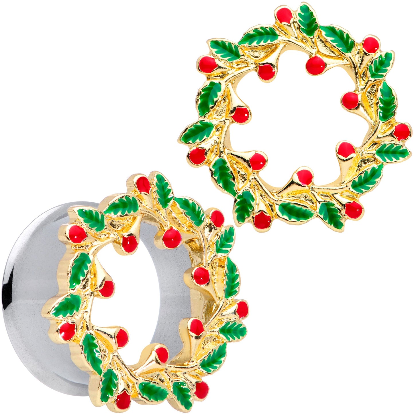 Happy Holiday Wreath Christmas Double Flare Plug Set 4G to 1 Inch