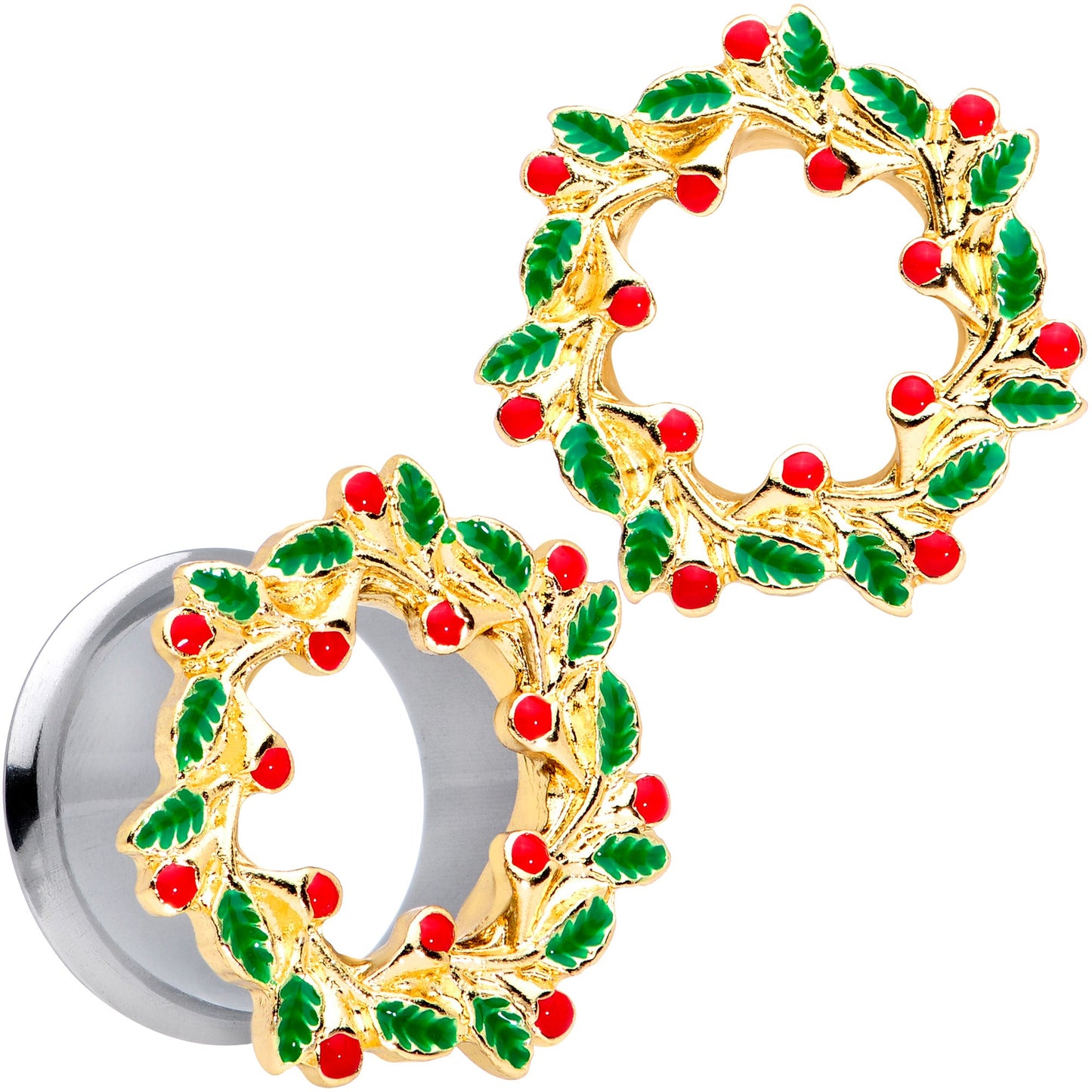 Happy Holiday Wreath Christmas Double Flare Plug Set 4G to 1 Inch