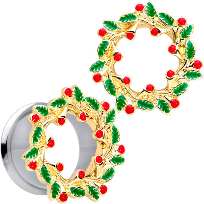 Happy Holiday Wreath Christmas Double Flare Plug Set 4G to 1 Inch