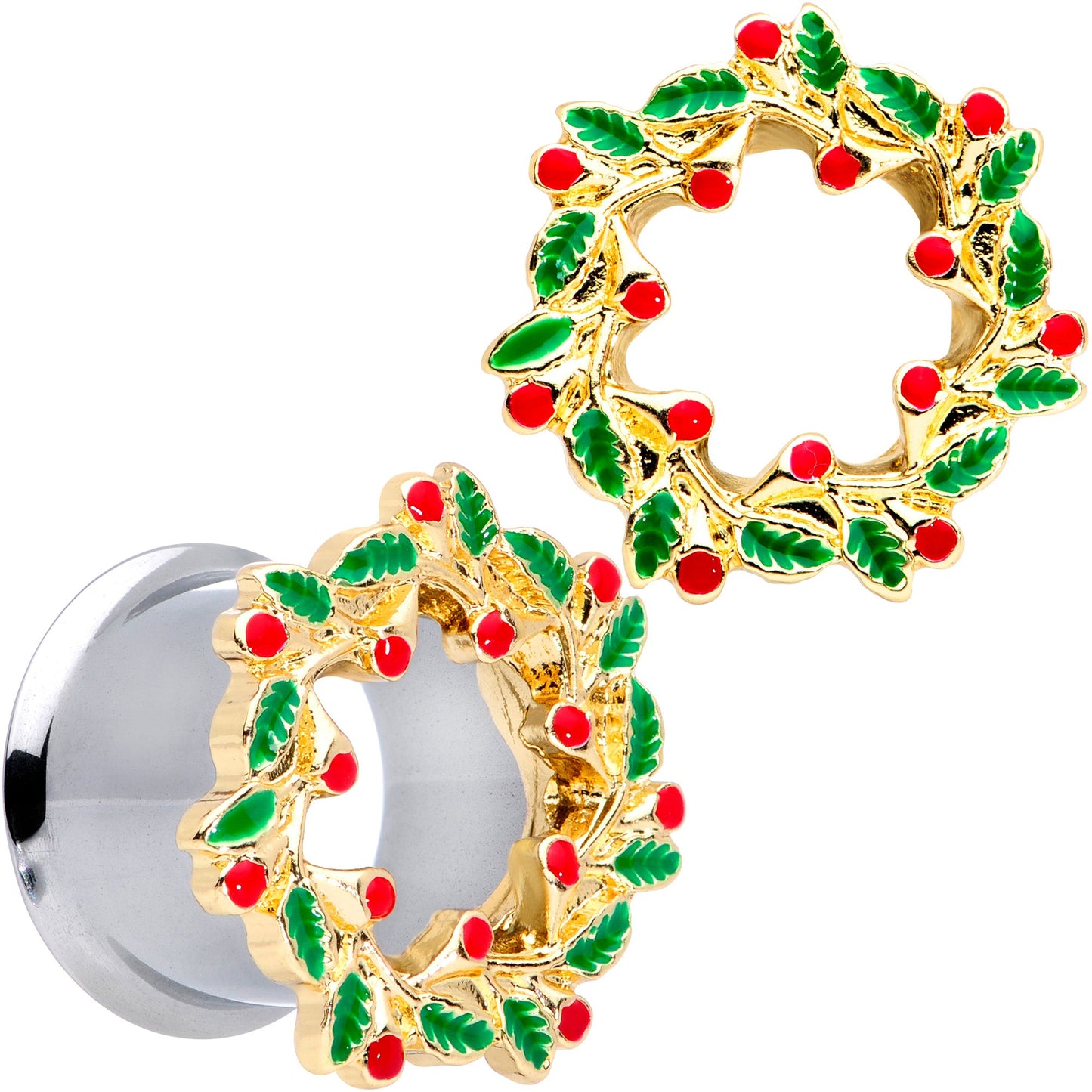 Happy Holiday Wreath Christmas Double Flare Plug Set 4G to 1 Inch
