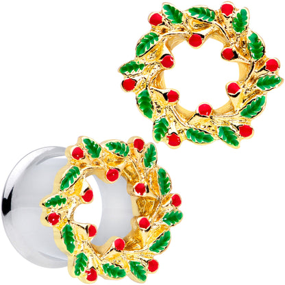 Happy Holiday Wreath Christmas Double Flare Plug Set 4G to 1 Inch