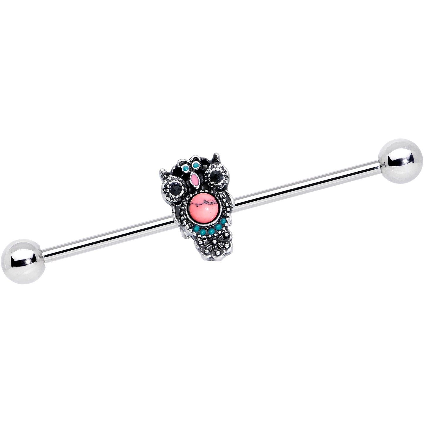 14G Black Gem Pink Orb Owl Industrial Barbell 38mm