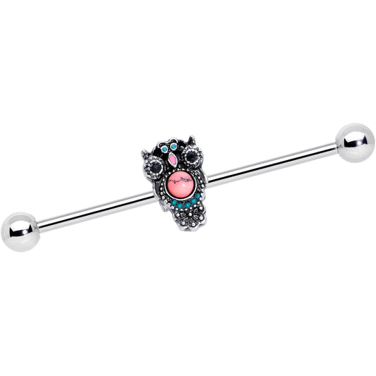 14G Black Gem Pink Orb Owl Industrial Barbell 38mm