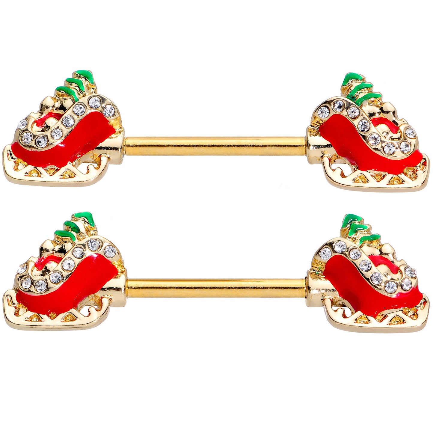 14G 9/16 Clear Gem Santa Sleigh Christmas Barbell Nipple Ring Set