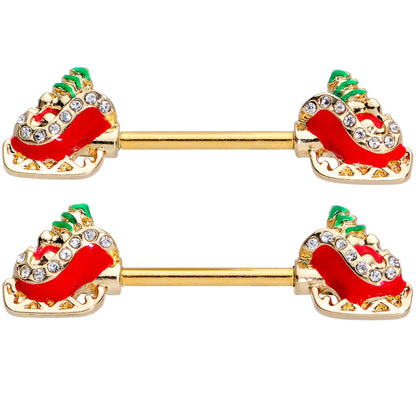14G 9/16 Clear Gem Santa Sleigh Christmas Barbell Nipple Ring Set