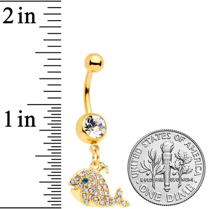 Clear Aqua Gem Gold Tone Whale Dangle Belly Ring
