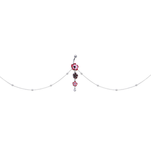 Clear Pink Gem Pink Tropical Flower Dangle Belly Ring Belly Chain