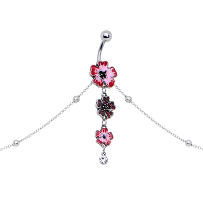 Clear Pink Gem Pink Tropical Flower Dangle Belly Ring Belly Chain