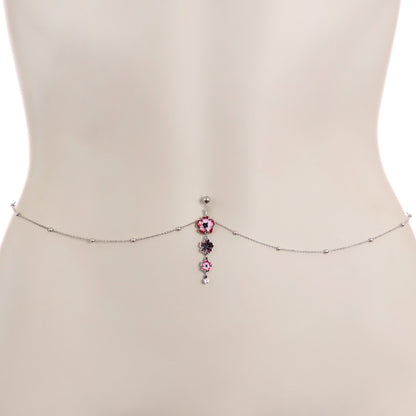 Clear Pink Gem Pink Tropical Flower Dangle Belly Ring Belly Chain