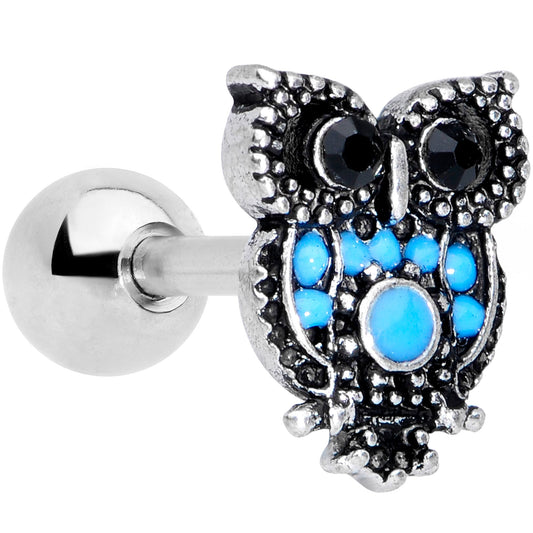 16G 1/4 Black Gem Ornate Blue Owl Cartilage Tragus Earring