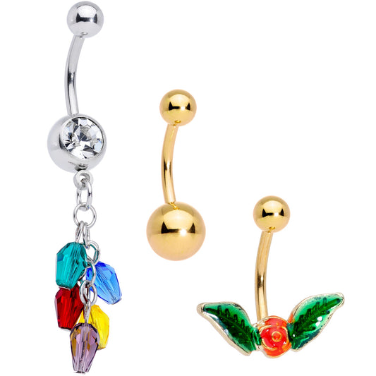 Clear Gem Gold Tone Holiday Deco Christmas Dangle Belly Ring Set of 3