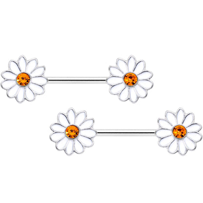14G 9/16 Yellow Gem White Daisy Flower Hippie Nipple Ring Set