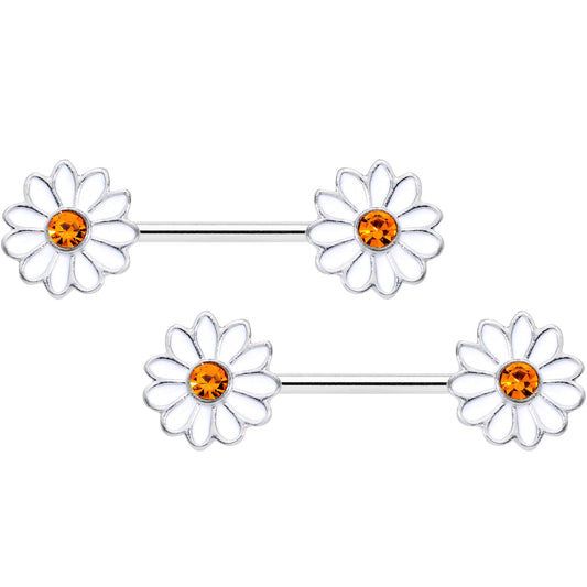 14G 9/16 Yellow Gem White Daisy Flower Hippie Nipple Ring Set