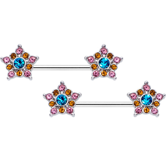 14G 9/16 Pink Yellow Blue Gem Showy Stars Barbell Nipple Ring Set