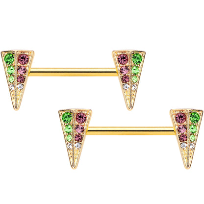14G 9/16 Pink Green Gem Gold Hue Triangle Barbell Nipple Ring Set