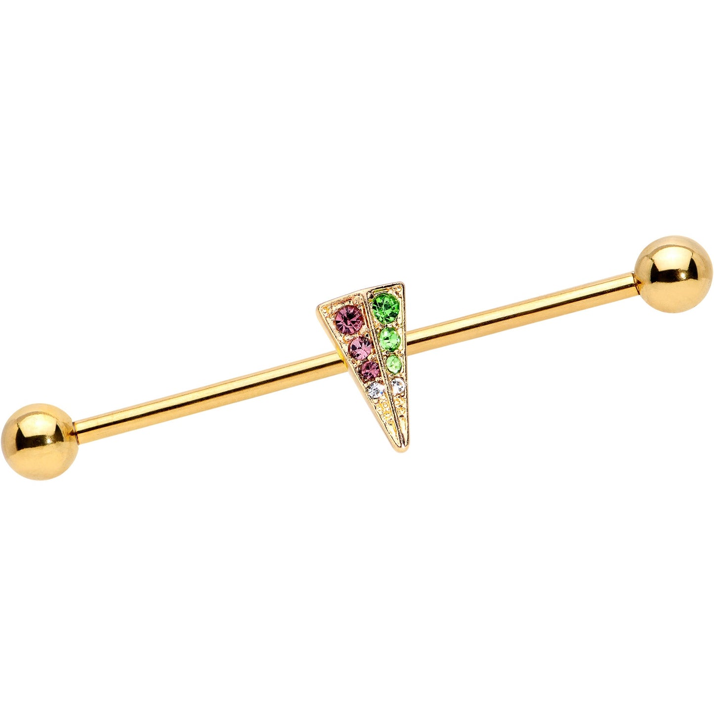 14G Pink Green Gem Gold Tone Triangle Industrial Barbell 38mm
