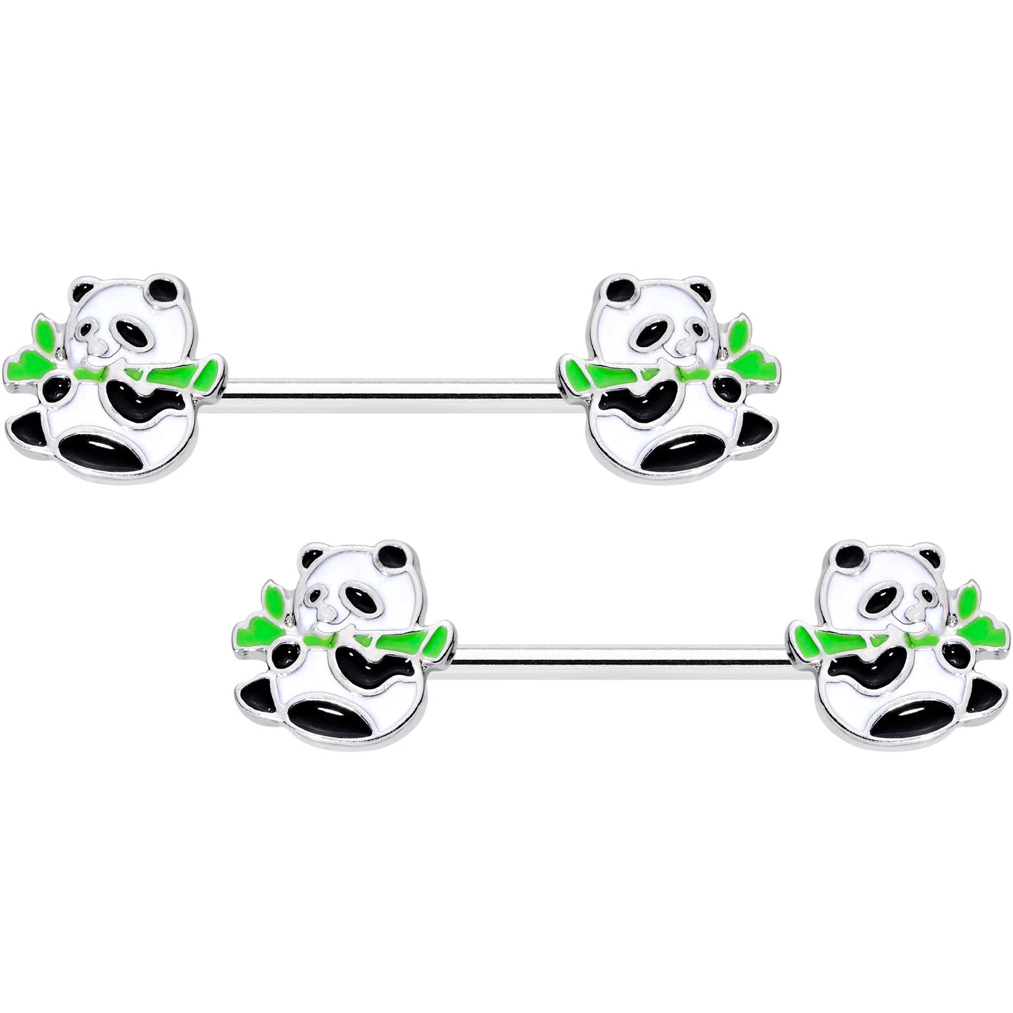 14G 9/16 Black White Hungry Panda Bear Barbell Nipple Ring Set