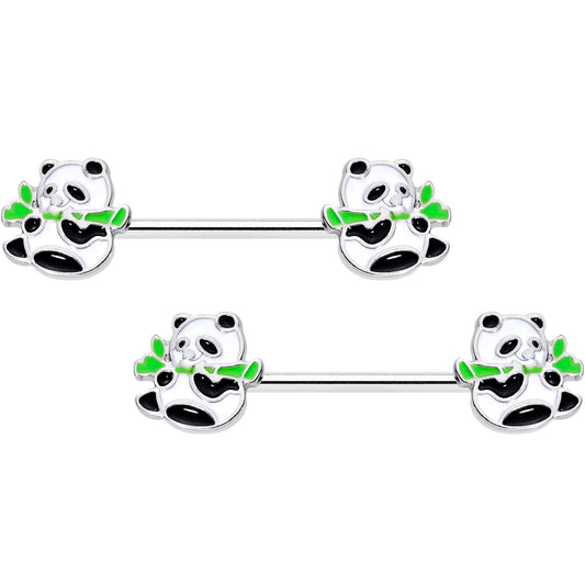 14G 9/16 Black White Hungry Panda Bear Barbell Nipple Ring Set
