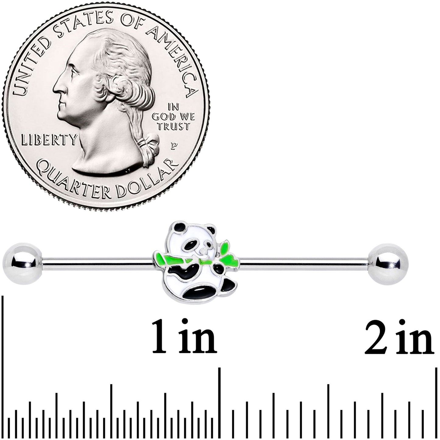 14G Black White Hungry Panda Bear Industrial Barbell 38mm