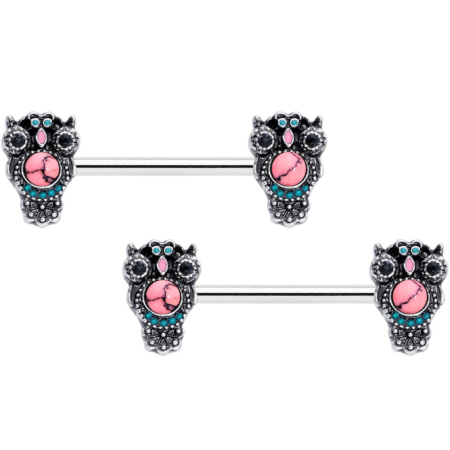 14G 9/16 Black Gem Pink Orb Owl Barbell Nipple Ring Set