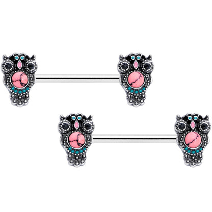 14G 9/16 Black Gem Pink Orb Owl Barbell Nipple Ring Set