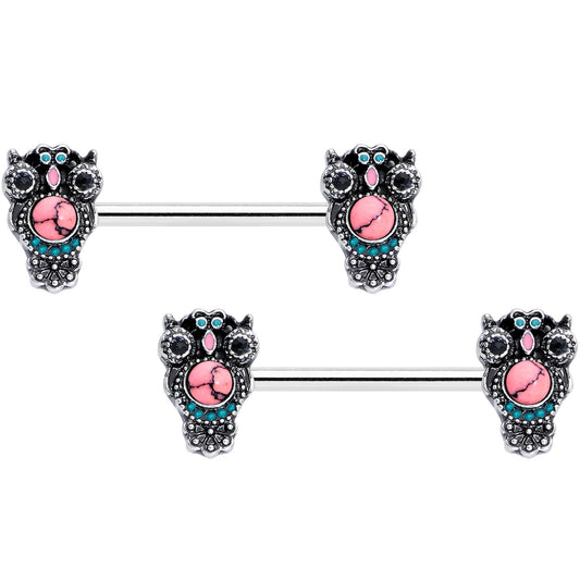 14G 9/16 Black Gem Pink Orb Owl Barbell Nipple Ring Set