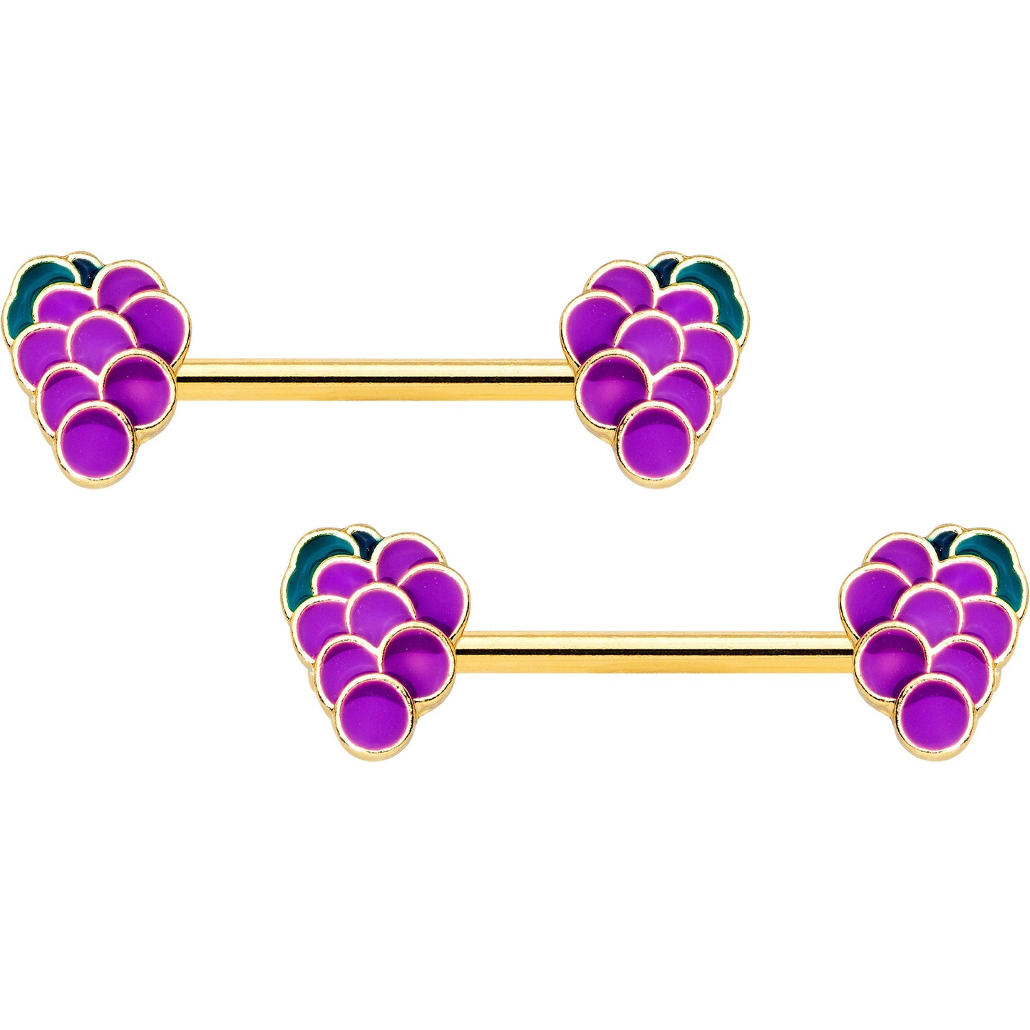 14G 9/16 Gold Tone Sweet Purple Grapes Barbell Nipple Ring Set