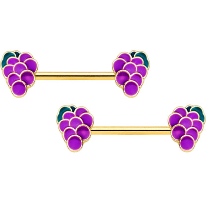 14G 9/16 Gold Tone Sweet Purple Grapes Barbell Nipple Ring Set