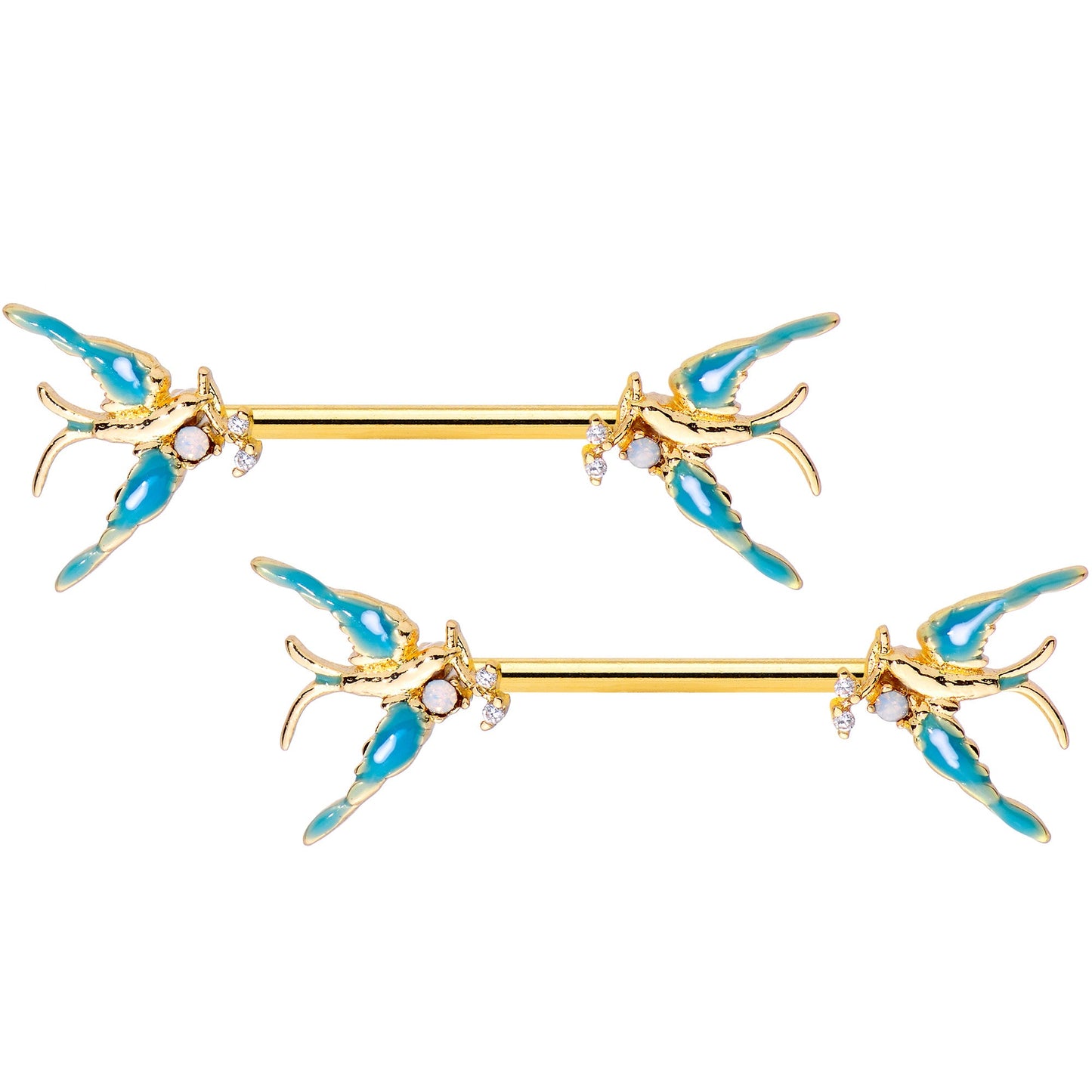 14G 9/16 Clear CZ Gem Gold Tone Swallow Bird Nipple Ring Set