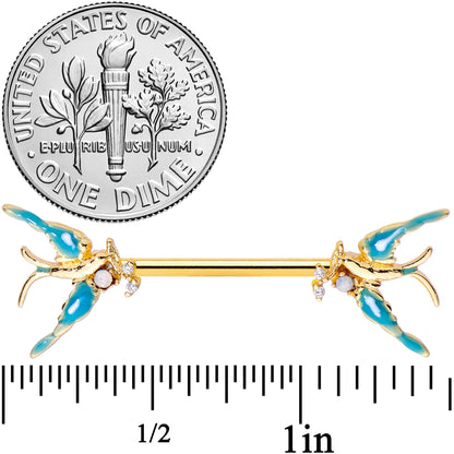 14G 9/16 Clear CZ Gem Gold Tone Swallow Bird Nipple Ring Set