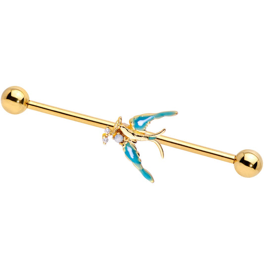 14G Clear CZ Gem Gold Tone Swallow Bird Industrial Barbell 38mm