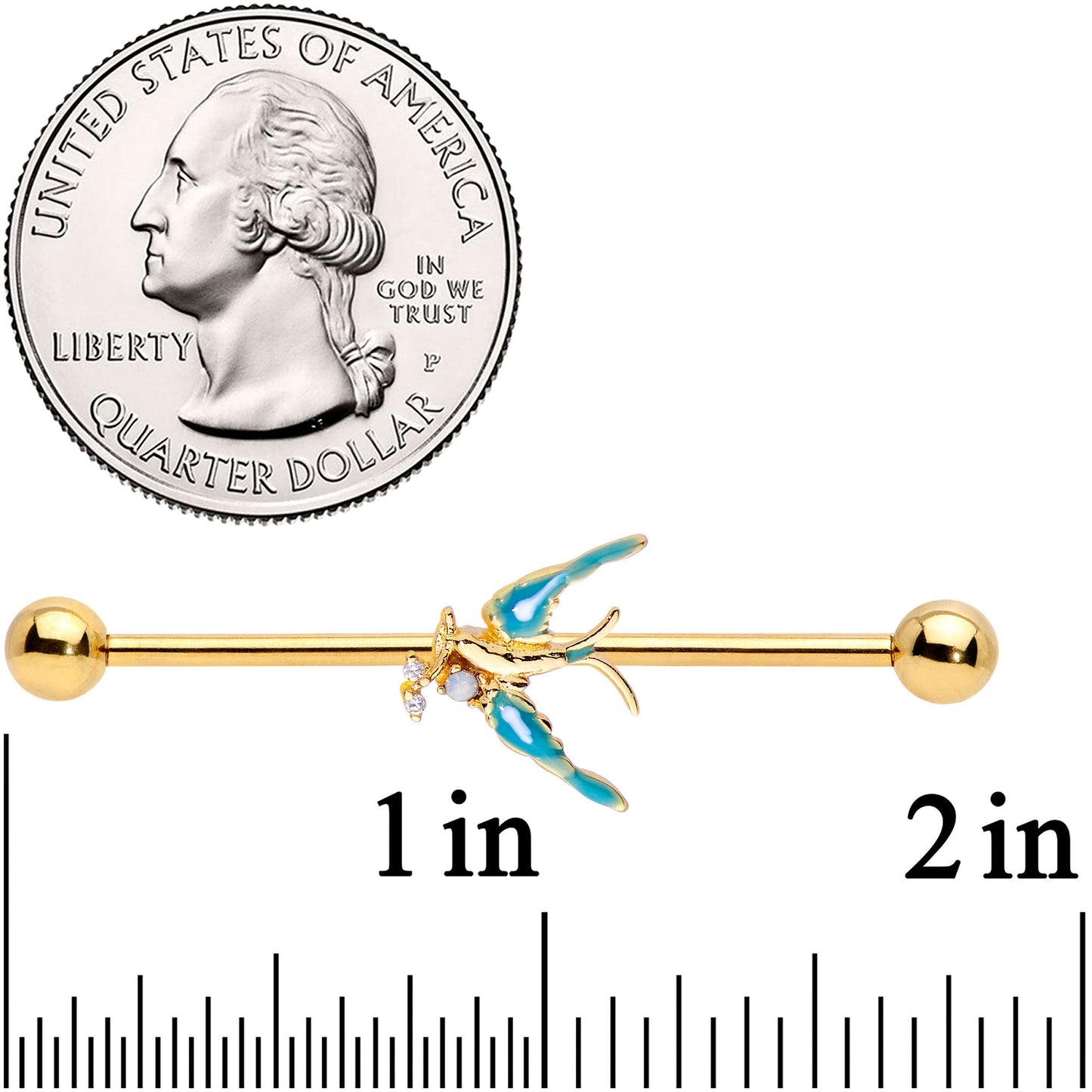 14G Clear CZ Gem Gold Tone Swallow Bird Industrial Barbell 38mm