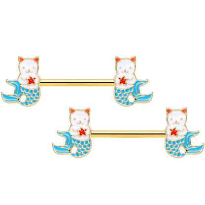 14G 9/16 Gold Tone Blue Star Cat Mermaid Barbell Nipple Ring Set