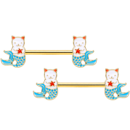 14G 9/16 Gold Tone Blue Star Cat Mermaid Barbell Nipple Ring Set