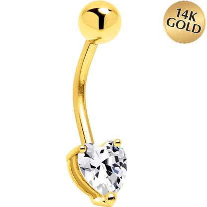 16G Solid 14K Yellow Gold Cubic Zirconia HEART SOLITAIRE Belly Ring