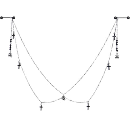 14G 9/16 Black Gem Spider Cross Halloween Dangle Nipple Chain