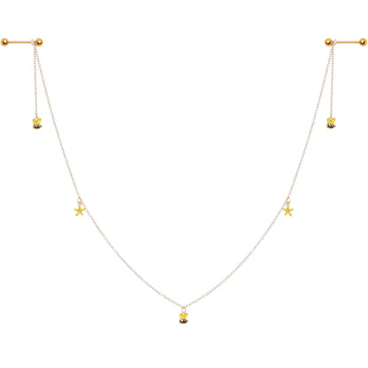 14G 9/16 Gold Tone Yellow Flower Bee Dangle Nipple Chain