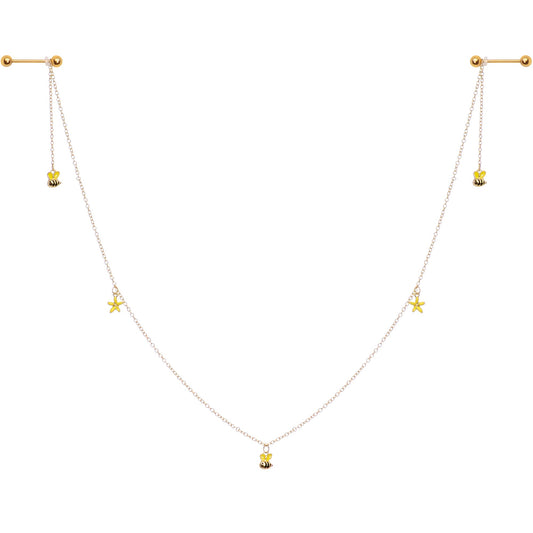14G 9/16 Gold Tone Yellow Flower Bee Dangle Nipple Chain