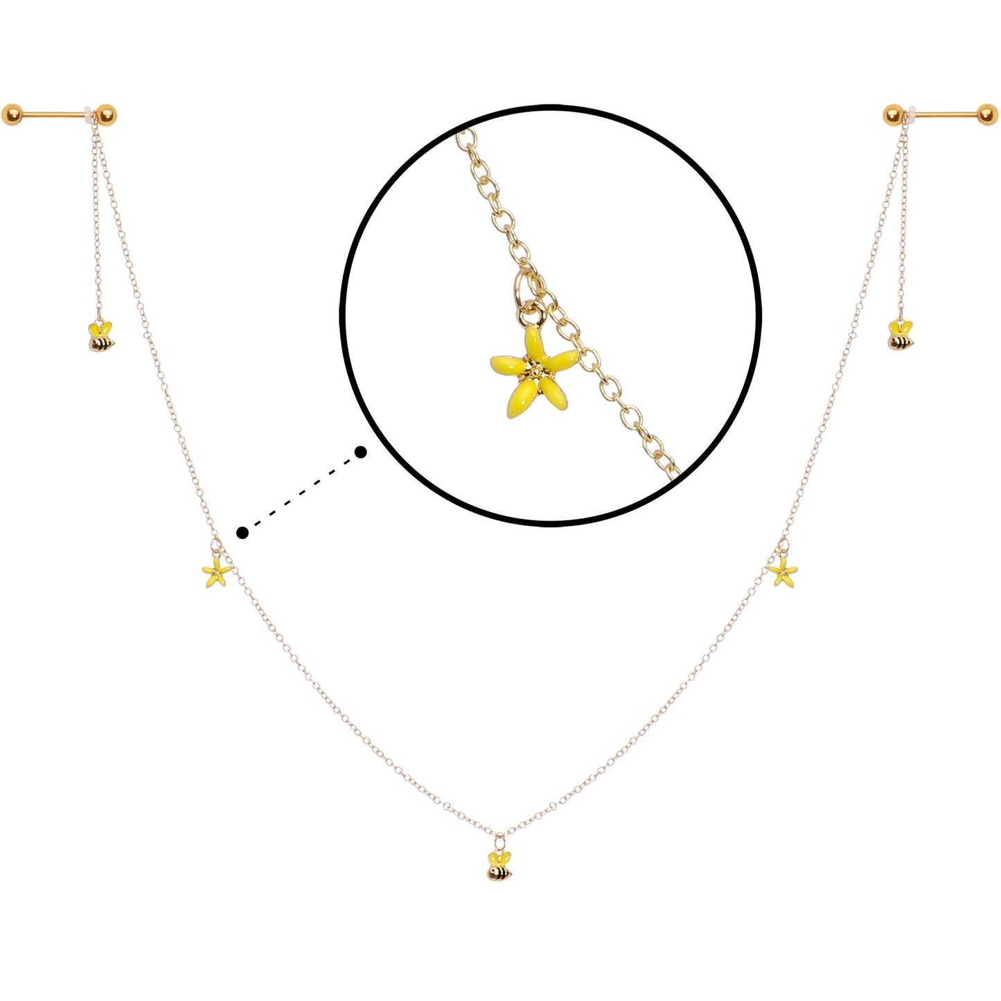 14G 9/16 Gold Tone Yellow Flower Bee Dangle Nipple Chain