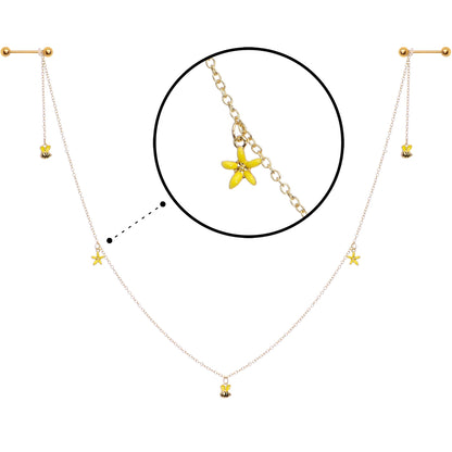 14G 9/16 Gold Tone Yellow Flower Bee Dangle Nipple Chain