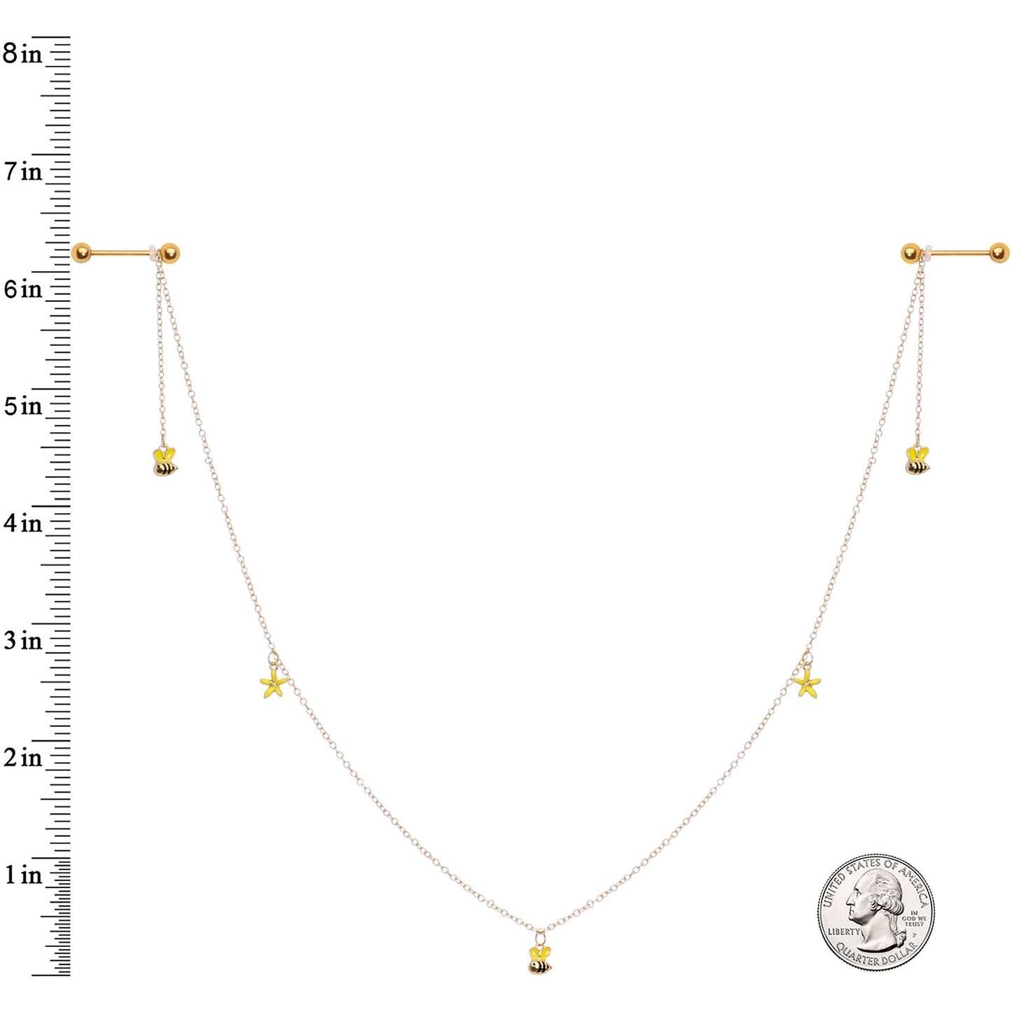 14G 9/16 Gold Tone Yellow Flower Bee Dangle Nipple Chain