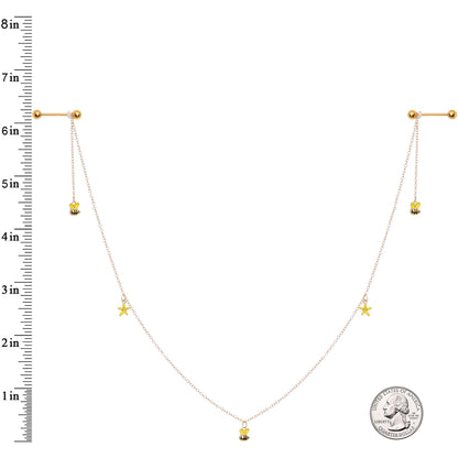 14G 9/16 Gold Tone Yellow Flower Bee Dangle Nipple Chain