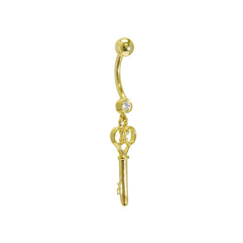 16G Solid 14K Yellow Gold Cubic Zirconia SKELETON KEY Belly Ring.