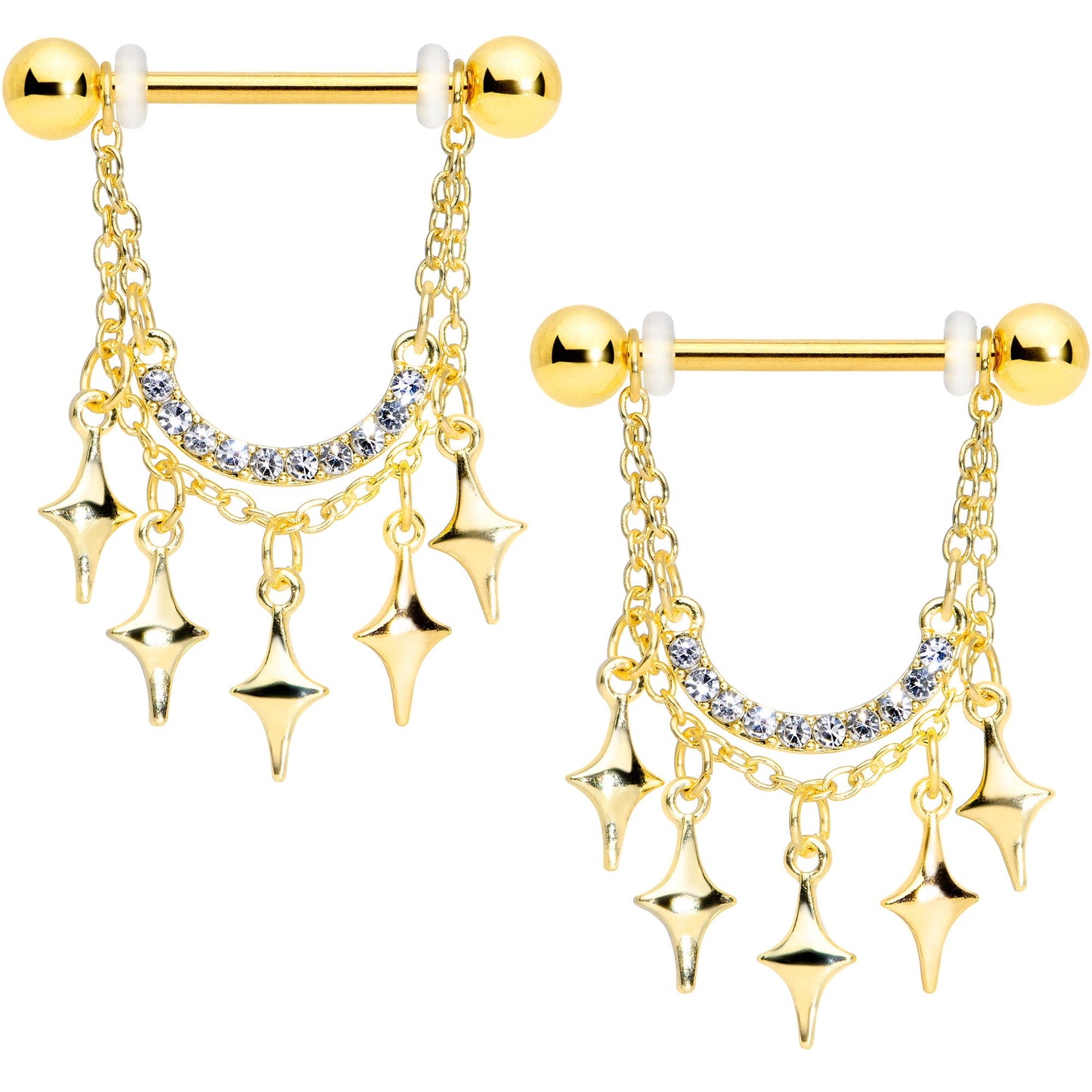 14G 9/16 Clear Gem Gold Tone Drama Dangle Nipple Ring Set